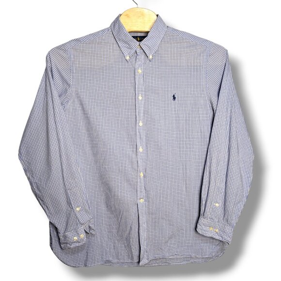 Ralph Lauren Shirt Mens 17.5 Blue Small Check Pony Dress Button Up Long Sleeve - Picture 1 of 4